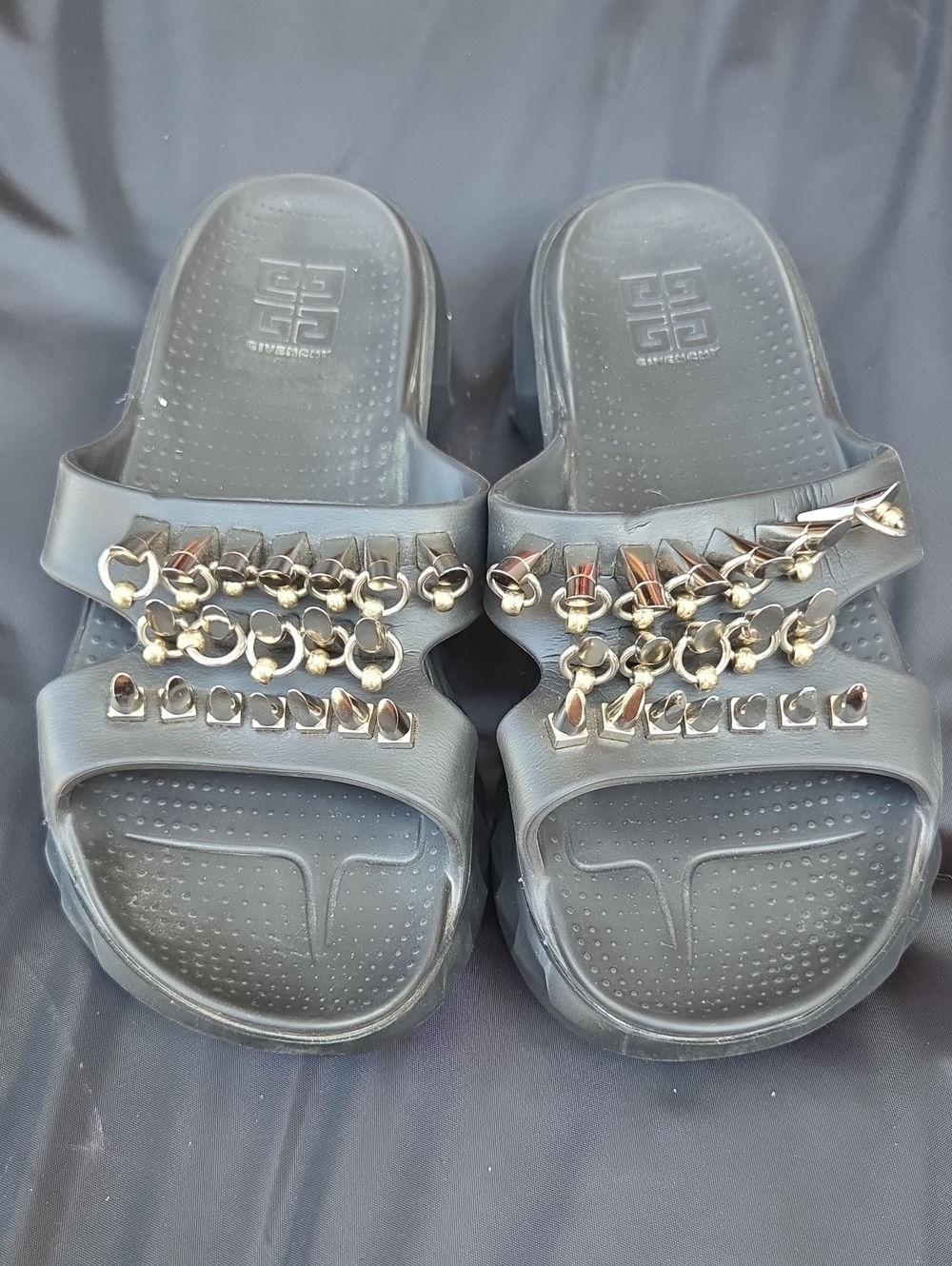 Givenchy Black Slide Sandals with Gold Chain & Stud Details